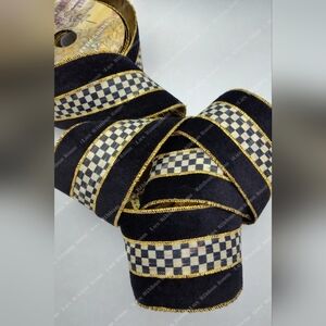 MACKENZIE-CHILDS Courtly Check Velvet Wired Ribbon Black Gold 3” Two (2) Yards